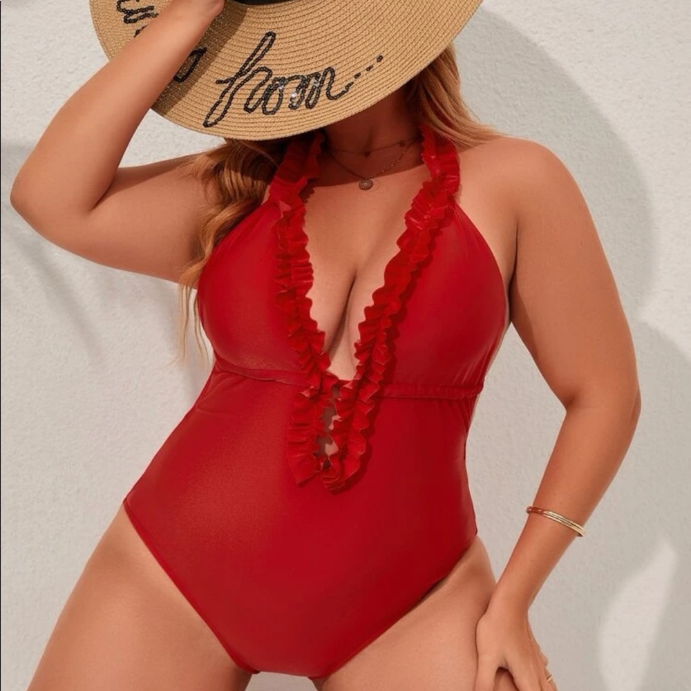 Red frilled one piece swimsuit